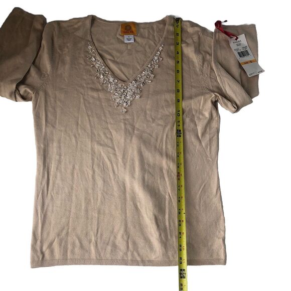 Ruby Rd. Women’s Embellished V neck 3/4 Sleeve Glacé Buff Sweater Small NWT - Picture 6 of 14